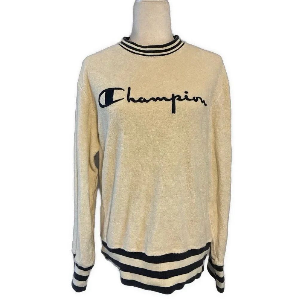 Champion Ivory Dark Blue Logo Terry Cloth Long Sleeve Sweatshirt Sweater